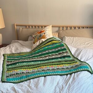 Handmade Crochet Granny Blanket Green Striped Lap Baby Throw